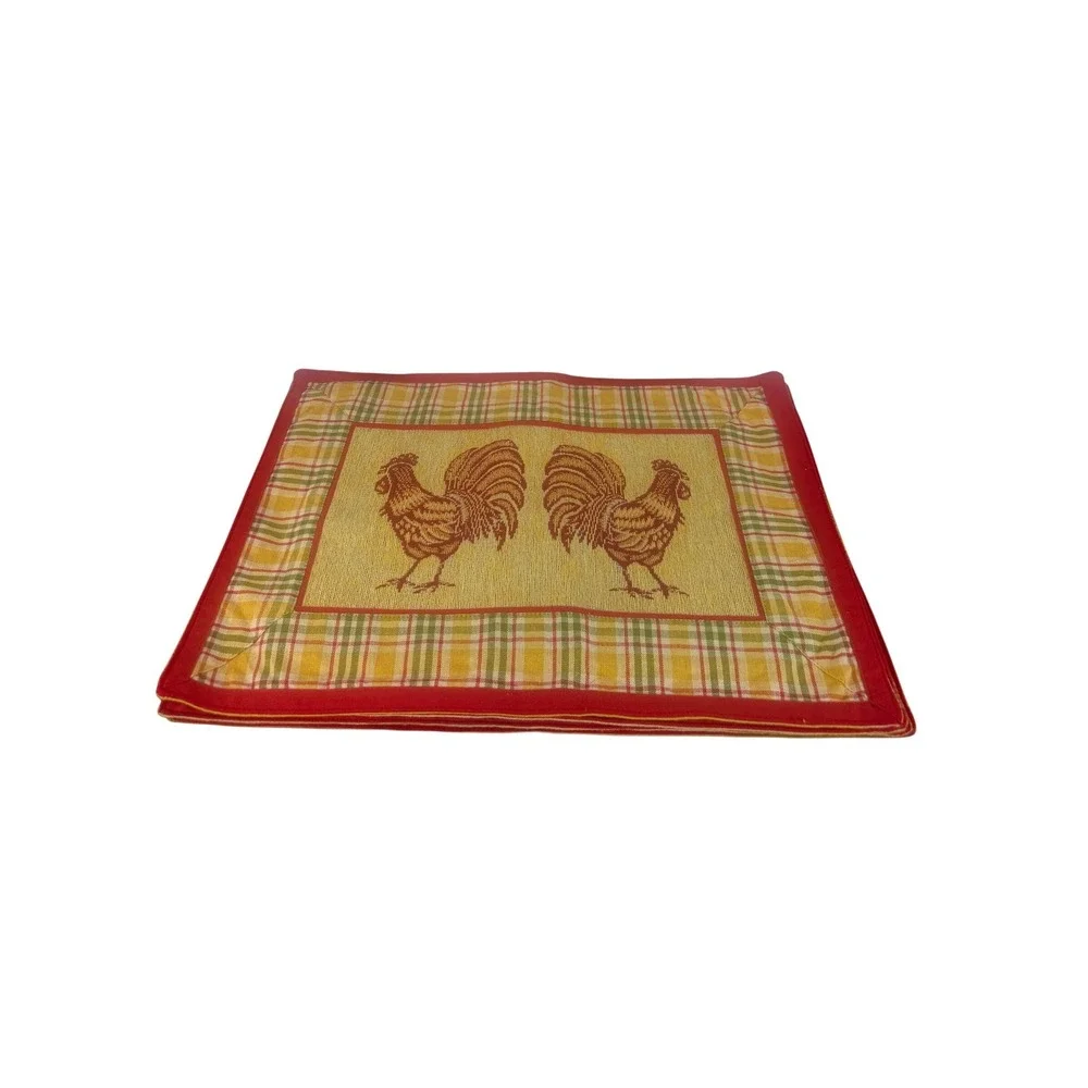 VTG Set of FOUR Red Yellow Plaid Rooster Tapestry‎ Placemats 19